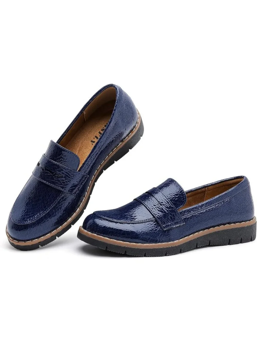 🆕Women's Dark Blue Round Toe Platform Chunky Heeled Loafers Business Shoes
